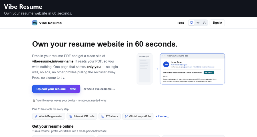 Vibe Resume homepage: turn a resume PDF into a shareable link